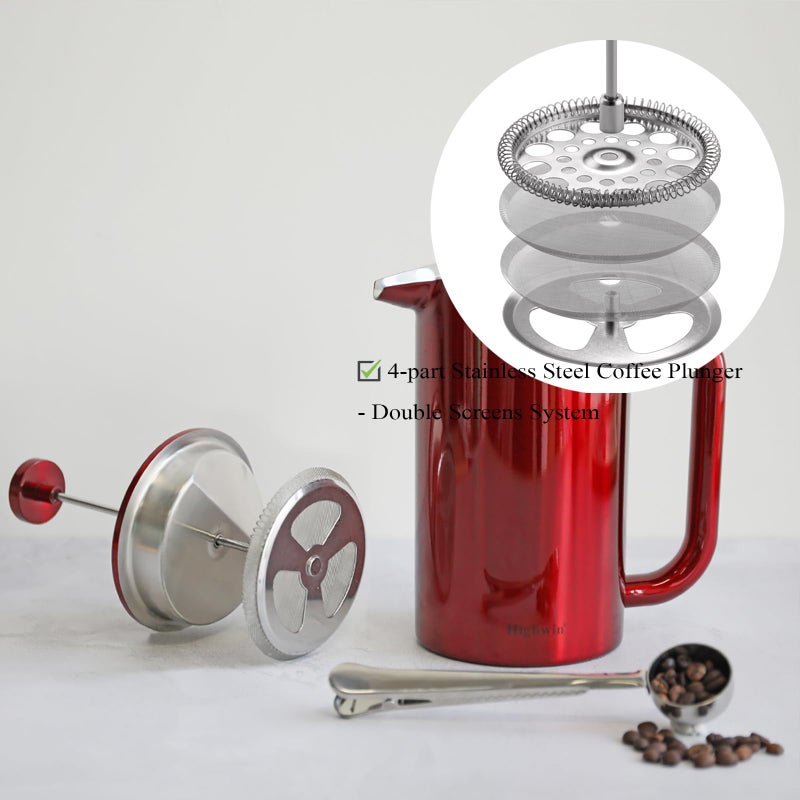 Highwin 8-Cup Double Wall Insulated Stainless Steel French Coffee Press, 32-Ounce Durable Coffee Tea Maker with Stainless Steel Plunger, Red - Image 3